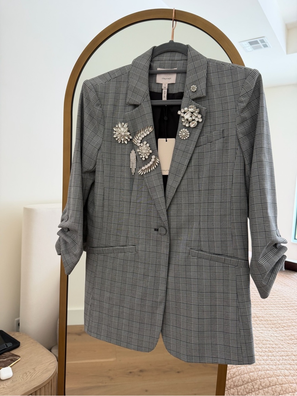 cinq a sept Gray Glen Plaid Blazer with Rhinestone Brooches